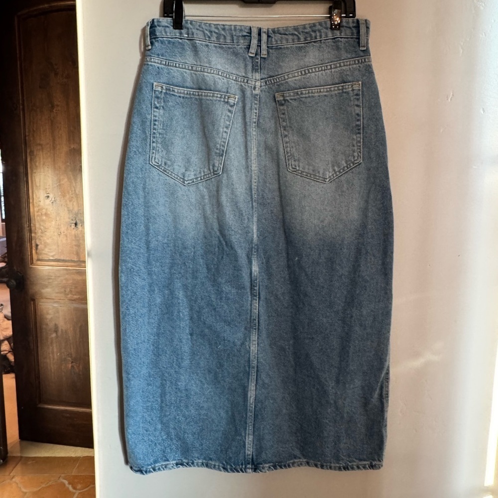 Mango Denim Midi Skirt High Rise Front Slit Y2K Minimalist Cottagecore Western - Picture 3 of 5